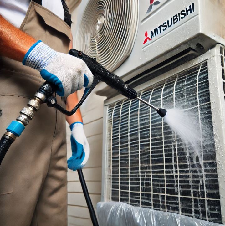 Personne en salopette beige et gants bleus nettoyant au jet un climatiseur extérieur marqué MITSUBISHI.