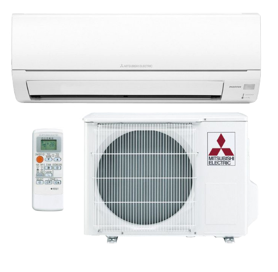 Climatiseur mural blanc, son unité extérieure à grille circulaire et une télécommande, marqués Mitsubishi Electric.